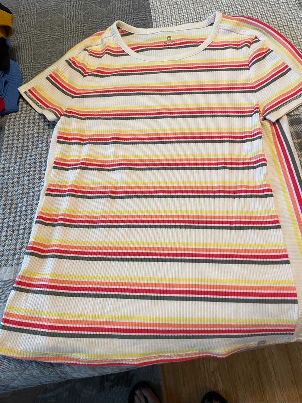 Talbots Ribbed Tee with Yellow, Pink & Gray Stripes large petite